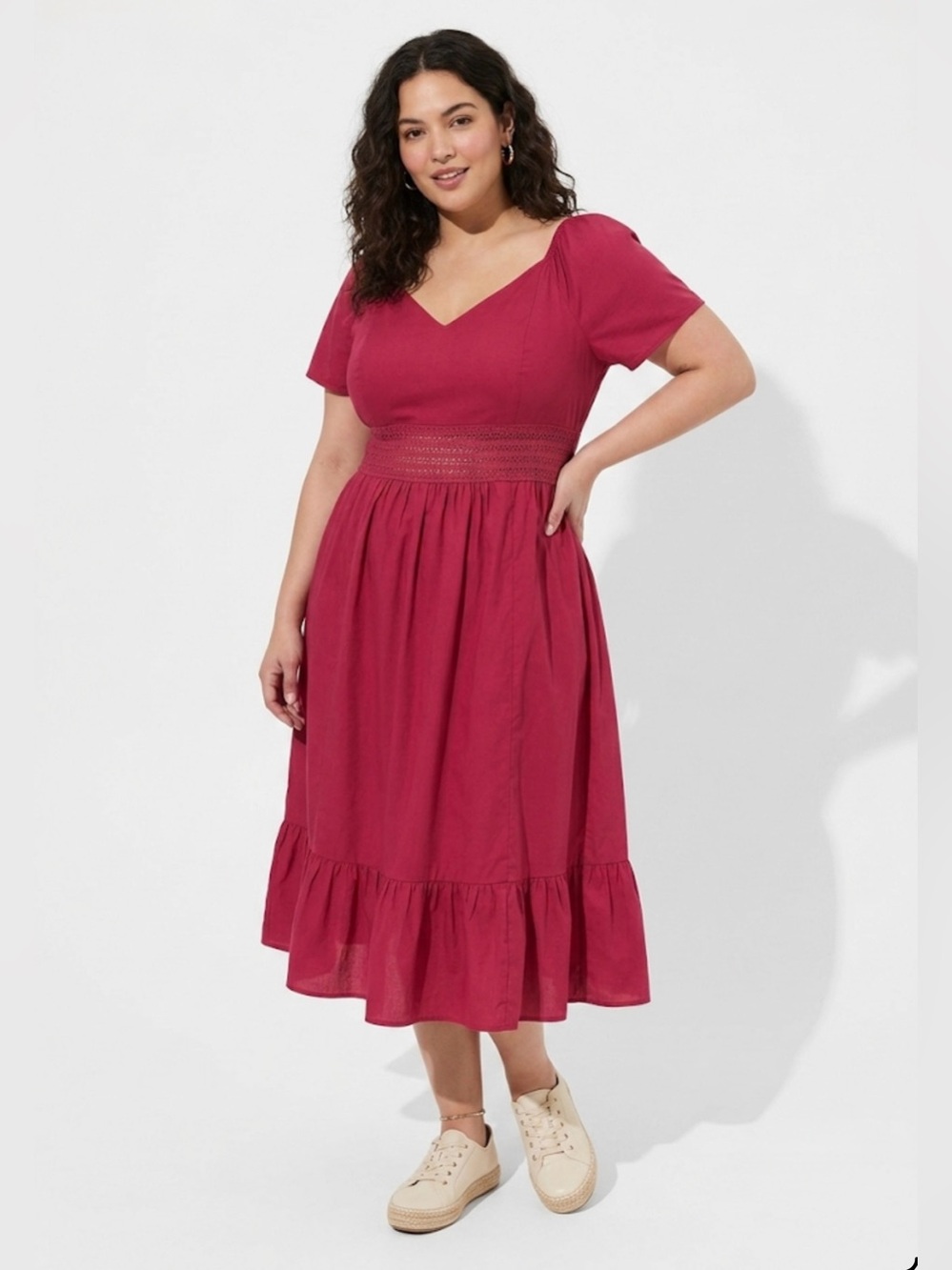 Torrid Midi Poplin Sheer Waist Dress Cherries Jubilee Red Size 2 Pockets